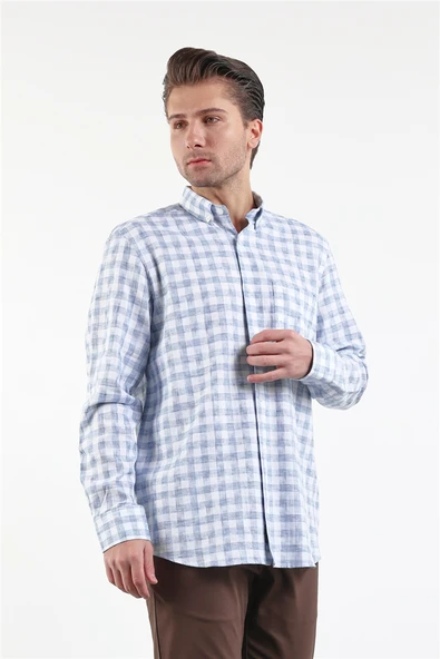 Beyaz-Mavi Düğmeli Yaka Uzun Kol Cepli Comfort Fit Pamuklu Gömlek 1004260178 ürün görseli 1