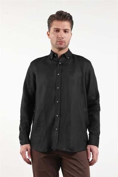 Siyah Kol Düz Keten Düğmeli Yaka Cepsiz Casual Comfort Fit Gömlek 1004250114 ürün görseli 1