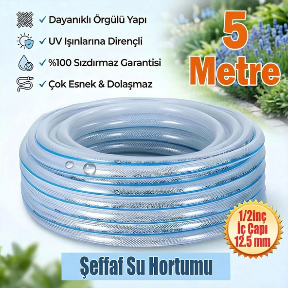 Örgülü Şeffaf Bahçe Hortumu 5 Metre Dayanıklı 3 Katlı Sağlam Çeşme Su Sulama Yıkama Hortum 12.5 mm 1/2" ürün görseli 1