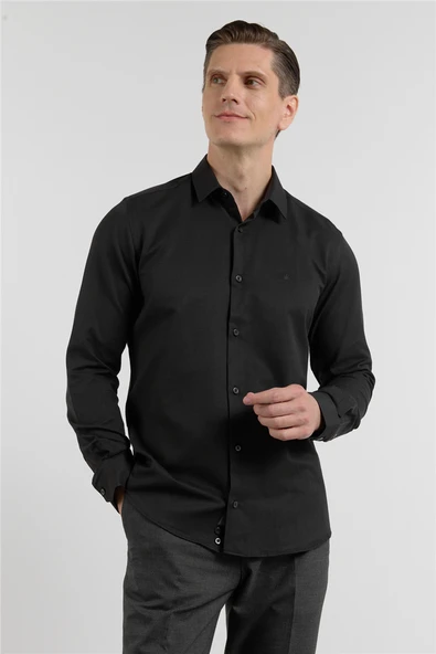 Siyah Sert Yaka Uzun Kol Cepsiz Slim Fit Pamuklu Gömlek 1004255284 ürün görseli 1