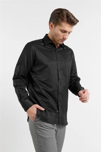Siyah Kendinden Desenli Sert Yaka Uzun Kol Cepli Comfort Fit Pamuklu Gömlek 1004255269 ürün görseli 1
