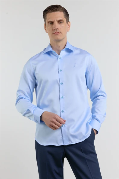 Mavi Saten İtalyan Yaka Uzun Kol Cepsiz Slim Fit %100 Pamuk Gömlek 1004255231 ürün görseli 1
