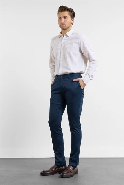 Lacivert Yan Cep Düz Paça Armürlü Slim Fit Pamuklu Chino Pantolon 1003260165 ürün görseli 1