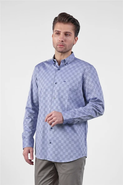 Lacivert-Mavi Düğmeli Yaka Uzun Kol Cepli Comfort Fit %100 Pamuk Gömlek 1004260173 ürün görseli 1