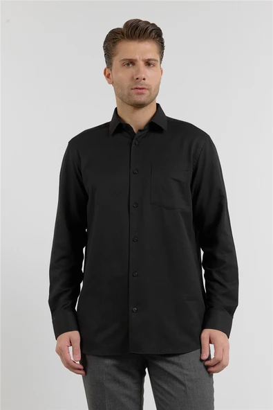 Siyah Sert Yaka Uzun Kol Cepli Comfort Fit Pamuklu Gömlek 1004255285 ürün görseli 1