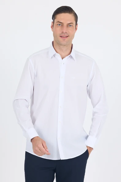 Beyaz Sert Yaka Uzun Kol Cepsiz Comfort Fit Pamuklu Gömlek 1004255287 ürün görseli 1