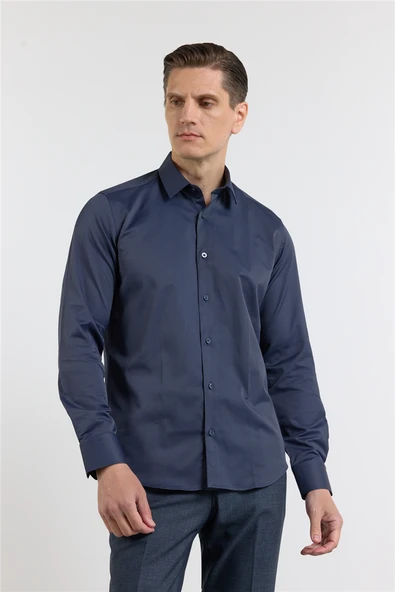 Lacivert Sert Yaka Uzun Kol Cepsiz Slim Fit Pamuklu Gömlek 1004255228 ürün görseli 1
