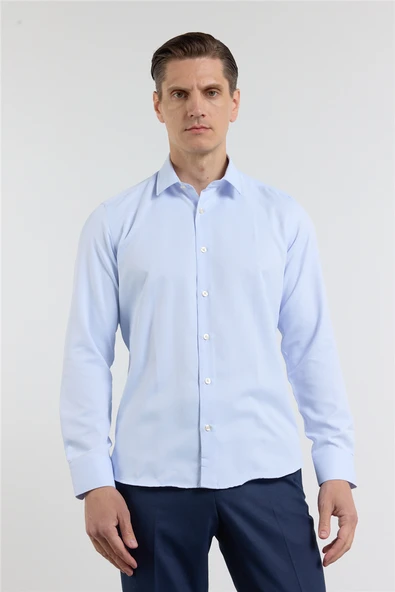 Mavi-Beyaz Kendinden Desenli Sert Yaka Uzun Kol Cepsiz Slim Fit Pamuklu Gömlek 1004255214 ürün görseli 1