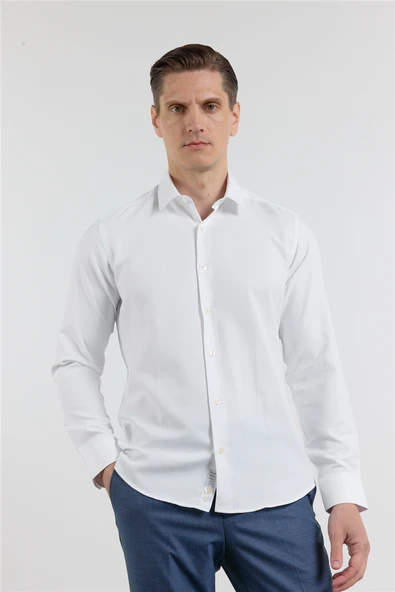Beyaz Dokulu Sert Yaka Uzun Kol Cepsiz Slim Fit Pamuklu Gömlek 1004255283 ürün görseli 1