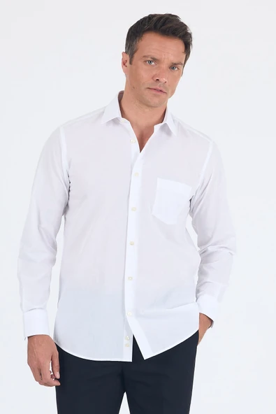Beyaz Klasik Yaka Uzun Kol Cepli Comfort Fit Basic Pamuklu Gömlek 1004255002 ürün görseli 1