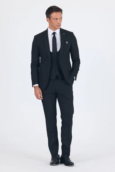 Siyah Mono Yaka Yelekli 6 Drop Slim Fit Tam Astar Esnek Takım Elbise 1001255186 ürün görseli 1