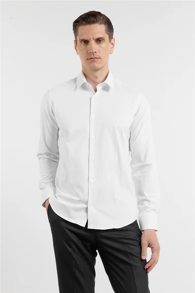 Beyaz Sert Yaka Uzun Kol Cepsiz Slim Fit Pamuklu Gömlek 1004255228 ürün görseli 1