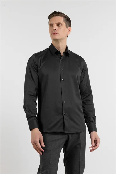 Siyah Sert Yaka Uzun Kol Cepsiz Slim Fit Pamuklu Gömlek 1004255228 ürün görseli 1