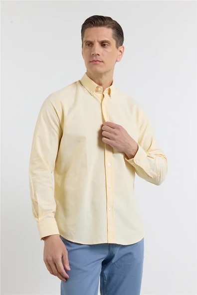 Sarı Oxford Düğmeli Yaka Uzun Kol Cepsiz Slim Fit Pamuklu Gömlek 1004260182 ürün görseli 1