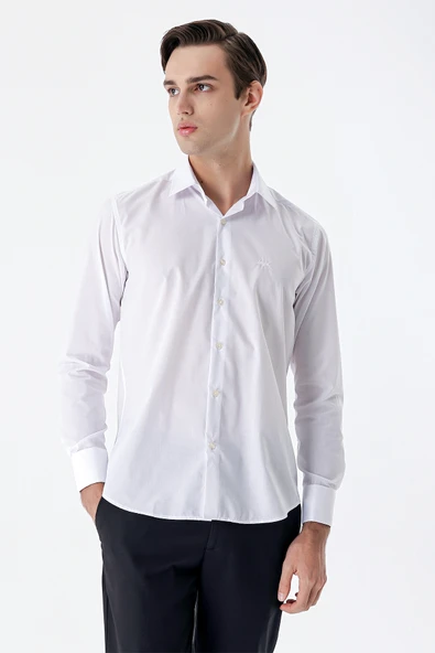 Beyaz Klasik Yaka Uzun Kol Cepsiz Slim Fit Basic Pamuklu Gömlek 1004255059 ürün görseli 1