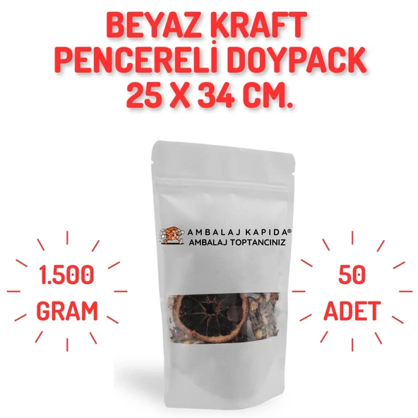 25x34 cm. Beyaz Kraft Pencereli Doypack - 50 Adet ürün görseli 1