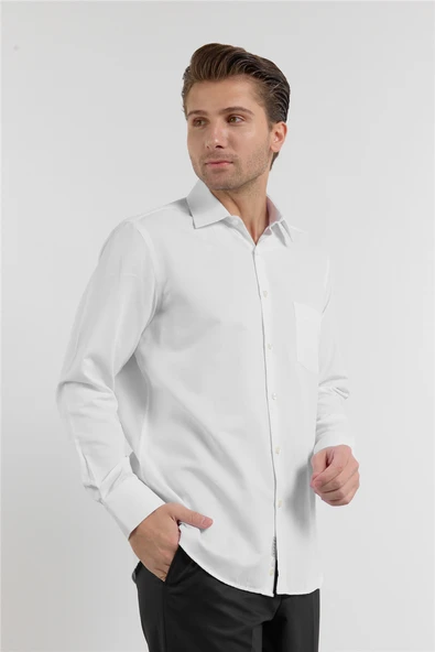 Beyaz Çizgili Desen Sert Yaka Uzun Kol Cepli Comfort Fit Pamuklu Gömlek 1004255268 ürün görseli 1