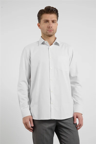Bej-Beyaz Kendinden Desenli Sert Yaka Uzun Kol Cepli Comfort Fit Pamuklu Gömlek 1004255226 ürün görseli 1