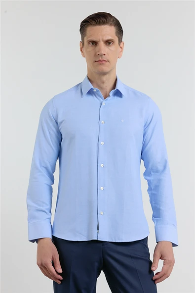 Mavi Sert Yaka Uzun Kol Cepsiz Slim Fit Pamuklu Gömlek 1004255284 ürün görseli 1