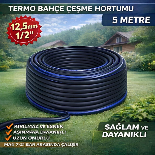 Termo Kauçuklu Bahçe Hortumu 5 Metre Dayanıklı 3 Katlı Sağlam Su Sulama Yıkama Hortum 12.5 mm 1/2" ürün görseli 1