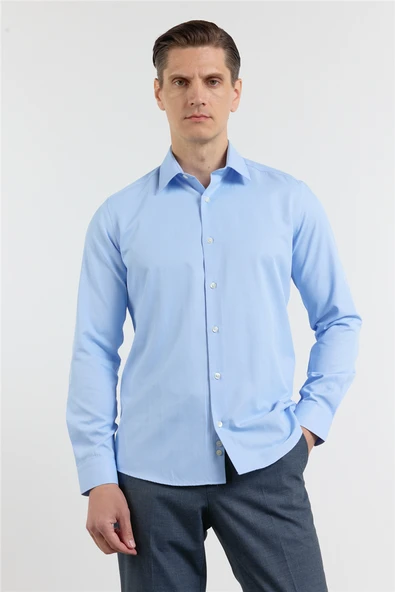 Mavi Sert Yaka Uzun Kol Cepsiz Slim Fit Pamuklu Gömlek 1004255913 ürün görseli 1