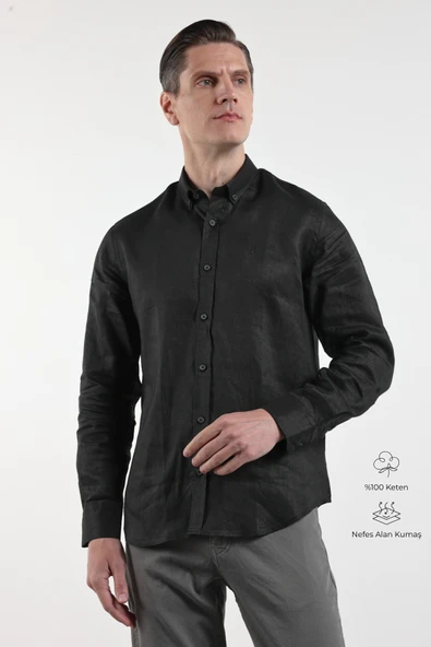 Siyah Keten Düğmeli Yaka Uzun Kol Cepsiz Slim Fit %100 Keten Gömlek 1004260161 ürün görseli 1