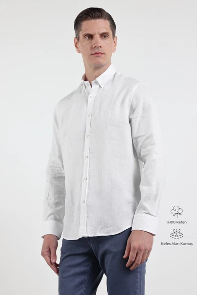 Beyaz Keten Düğmeli Yaka Uzun Kol Cepsiz Slim Fit %100 Keten Gömlek 1004260161 ürün görseli 1