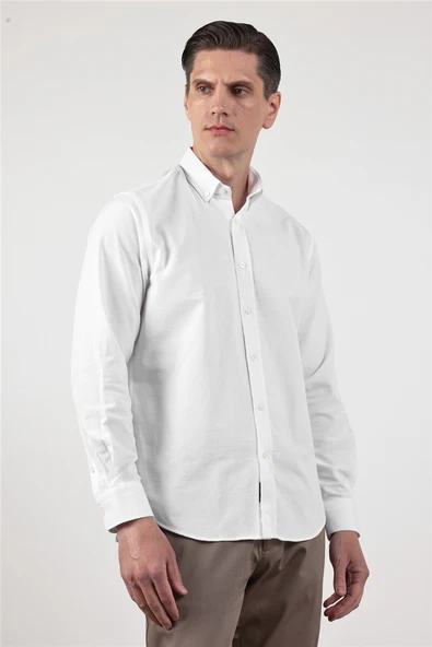 Beyaz Oxford Düğmeli Yaka Uzun Kol Cepsiz Slim Fit Pamuklu Gömlek 1004260182 ürün görseli 1