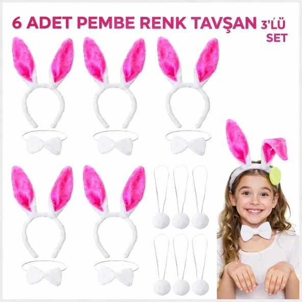 Şeker Pembesi Tavşan Sahne Seti 6'lı Set Taç Papyon Kuyruk ürün görseli 1