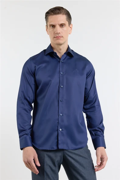 Lacivert Saten İtalyan Yaka Uzun Kol Cepsiz Slim Fit %100 Pamuk Gömlek 1004255231 ürün görseli 1