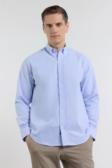 Mavi Oxford Düğmeli Yaka Uzun Kol Cepsiz Slim Fit Pamuklu Gömlek 1004260182 ürün görseli 1