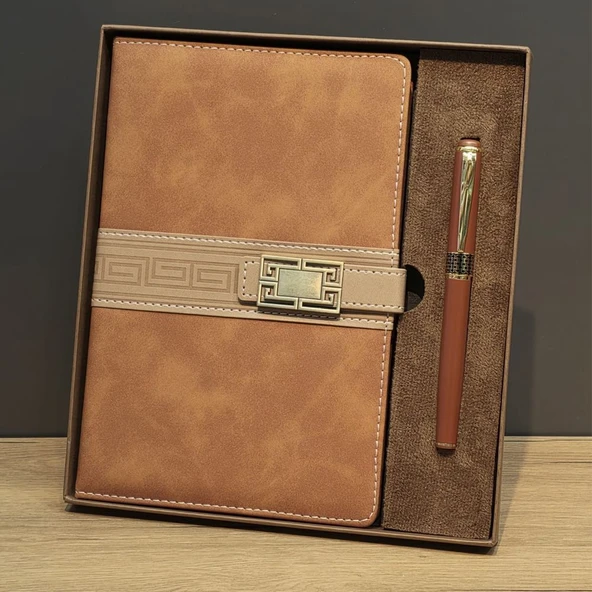 Taba Rengi Termo Deri Defter Ve Metal Roller Kalem Seti ürün görseli 1