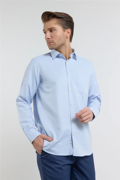 Mavi Kendinden Desenli Sert Yaka Uzun Kol Cepli Comfort Fit Pamuklu Gömlek 1004255223 ürün görseli 1