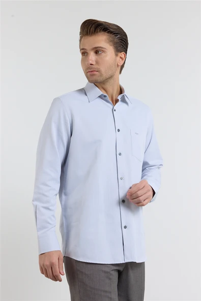 Gri Kendinden Desenli Sert Yaka Uzun Kol Cepli Comfort Fit Pamuklu Gömlek 1004255269 ürün görseli 1