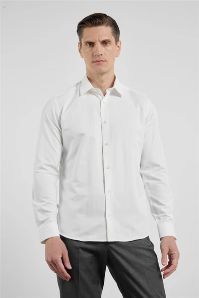 Krem Rengi Sert Yaka Uzun Kol Cepsiz Slim Fit Pamuklu Gömlek 1004255913 ürün görseli 1