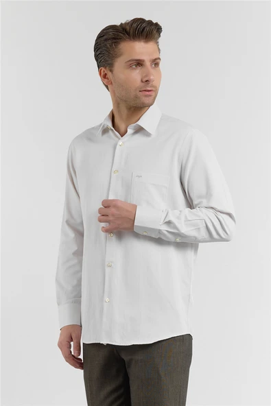 Bej Çizgili Desen Sert Yaka Uzun Kol Cepli Comfort Fit Pamuklu Gömlek 1004255268 ürün görseli 1