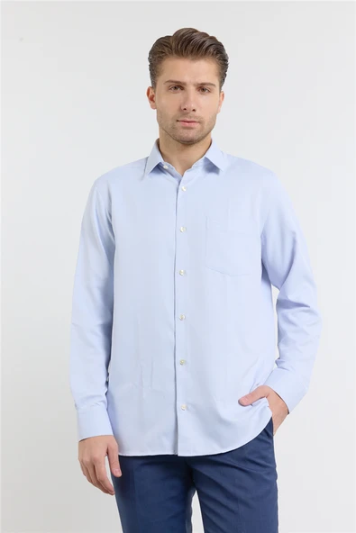 Lacivert Kendinden Desenli Sert Yaka Uzun Kol Cepli Comfort Fit Pamuklu Gömlek 1004255219 ürün görseli 1