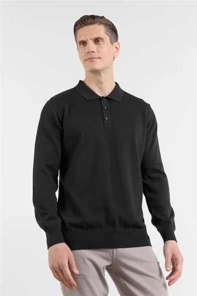 Siyah Polo Yaka Cepsiz Comfort Fit Classic Triko Kazak 1012255255 ürün görseli 1