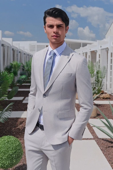 Gri-Beyaz Kırlangıç Yaka 6 Drop Slim Fit Tam Astar Esnek Takım Elbise 1001260163 ürün görseli 1