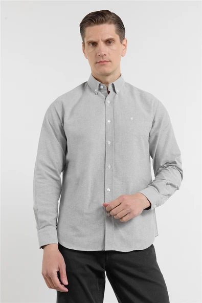 Haki Oxford Düğmeli Yaka Uzun Kol Cepsiz Slim Fit Pamuklu Gömlek 1004260182 ürün görseli 1