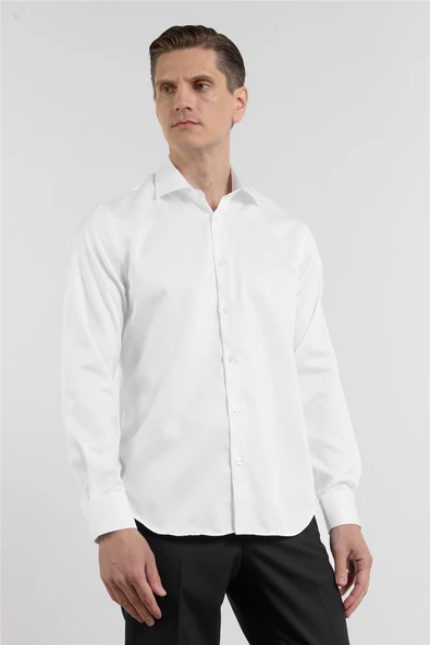 Beyaz Saten İtalyan Yaka Uzun Kol Cepsiz Slim Fit %100 Pamuk Gömlek 1004255231 ürün görseli 1