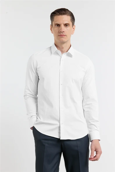 Beyaz Kendinden Desenli Sert Yaka Uzun Kol Cepsiz Slim Fit Pamuklu Gömlek 1004255230 ürün görseli 1