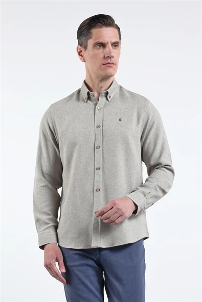 Kahverengi-Beyaz Düğmeli Yaka Uzun Kol Cepsiz Slim Fit Pamuklu Gömlek 1004260164 ürün görseli 1