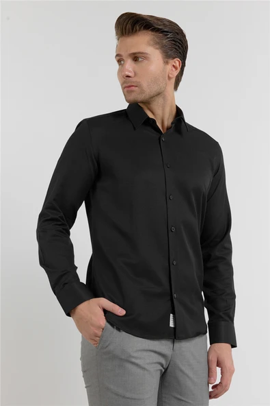 Siyah Dokulu Sert Yaka Uzun Kol Cepsiz Slim Fit Pamuklu Gömlek 1004255283 ürün görseli 1