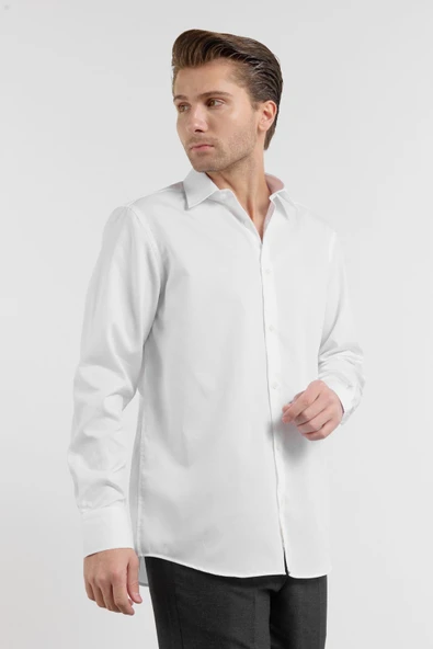 Beyaz Uzun Kol Sert Yaka Kendinden Desenli %100 Pamuk Comfort Fit Gömlek 1004255203 ürün görseli 1