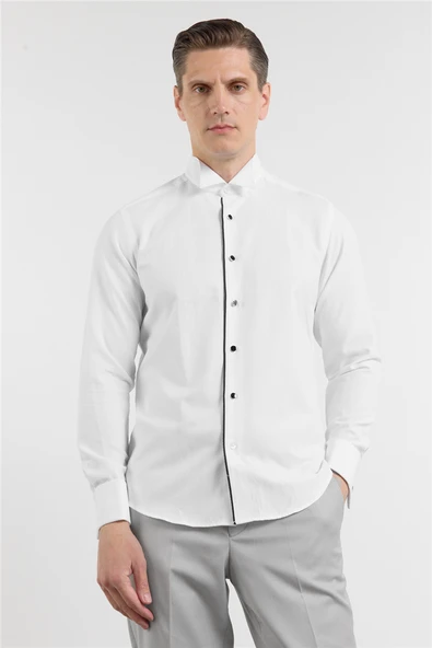 Beyaz Ata Yaka Uzun Kol Cepsiz Slim Fit Pamuklu Gömlek 1004260415 ürün görseli 1