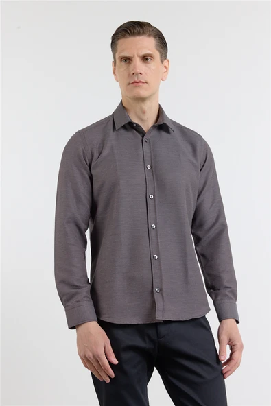 Kahverengi-Beyaz Kendinden Desenli Sert Yaka Uzun Kol Cepsiz Slim Fit Pamuklu Gömlek 1004255218 ürün görseli 1