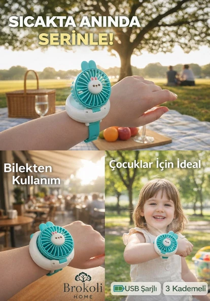Avec Şarjlı Bilek Fan 3 Kademeli Taşınabilir Soğutucu Mini Fan Sessiz Güçlü Yaz Vantilatör Yeşil ürün görseli 1
