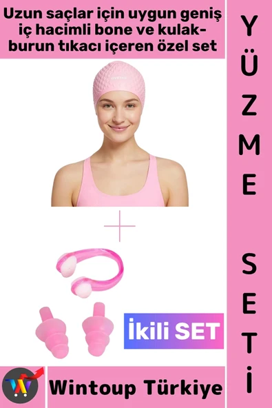 #Bone Esnek Silikon Havuz Deniz Su Geçirmez Büyük Beden Saç Bonesi Kulak Burun Tıkacı Şık Özel Set ürün görseli 1
