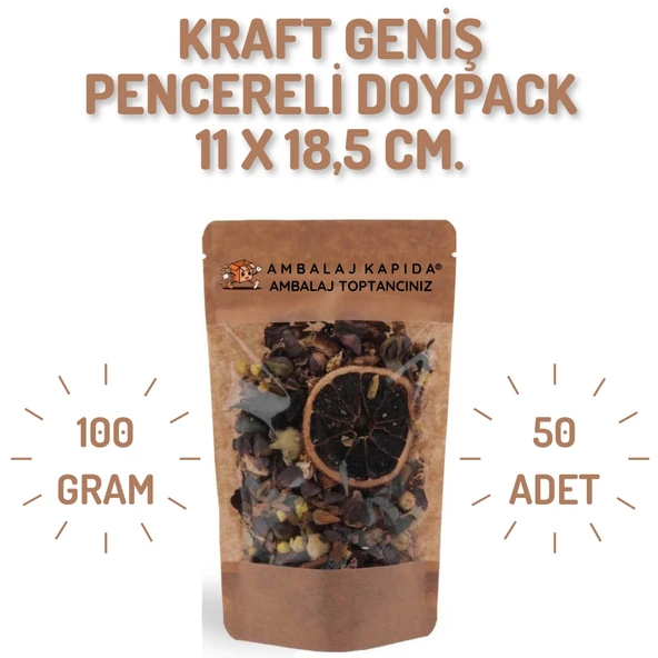 11x18,5 cm. Kraft Geniş Pencereli Doypack - 50 Adet ürün görseli 1